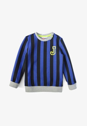 Sweatshirt pour enfants à manches longues avec des rayures verticales bleues et noires, des poignets et un ourlet gris, et une lettre "J" jaune sur la poitrine.