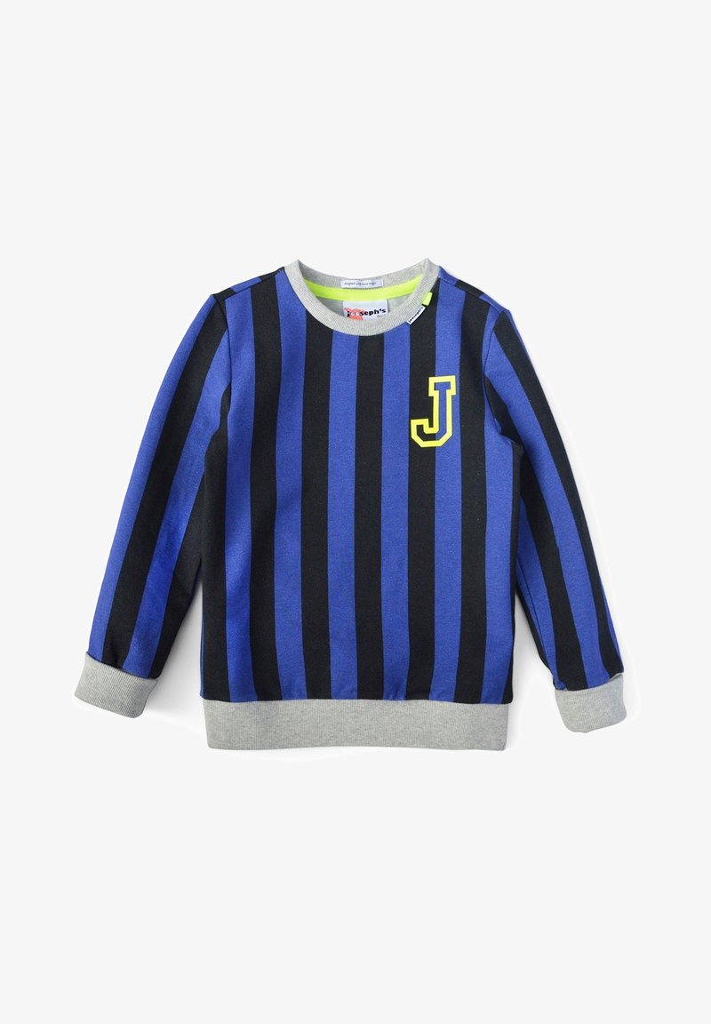 Sweatshirt pour enfants à manches longues avec des rayures verticales bleues et noires, des poignets et un ourlet gris, et une lettre "J" jaune sur la poitrine.