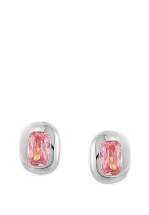 Silver stud earrings with rectangular pink gemstones in a polished bezel setting on a white background.