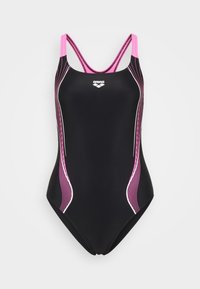 Μαύρο μαγιό με ροζ λεπτομέρειες και λευκές γραμμές, με ψηλή λαιμόκοψη και σταυρωτούς ιμάντες. Κατασκευασμένο από ελαστικό, λείο ύφασμα.