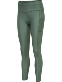 Groene sportlegging met een brede tailleband, zijzak, een gladde textuur en contrasterende stiksels. Strakke pasvorm.