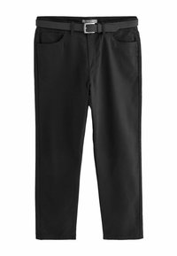 Černé kalhoty slim fit, se čtyřmi kapsami a odpovídajícím pásem se čtvercovou stříbrnou sponou. Hladká tkanina bez viditelných vzorů.