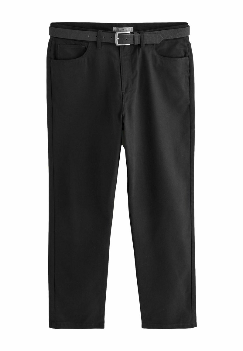 Černé kalhoty slim fit, se čtyřmi kapsami a odpovídajícím pásem se čtvercovou stříbrnou sponou. Hladká tkanina bez viditelných vzorů.