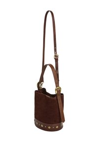 Brown suede bucket bag with adjustable leather shoulder strap, gold buckle details, and round brass studs along the base.