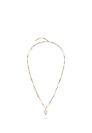 Delicate gold chain necklace with a small heart-shaped pendant centered at the bottom, clasp and adjustable links visible at the top.