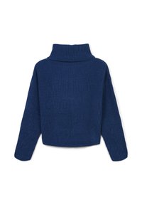 Marineblauer Strickpullover mit hohem Kragen und langen Ärmeln, mit verkürzter Länge und gerippter Textur am Saum und an den Bündchen.
