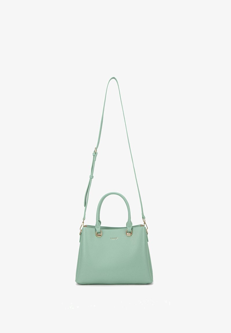 Borsa a mano verde menta in ecopelle testurizzata, con doppio manico e tracolla regolabile. Presenta dettagli in hardware dorato.
