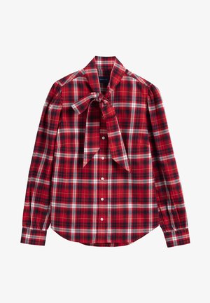 Rotes Karomusterhemd mit Schleifenkragen, langen Ärmeln, Knopfverschluss und weißen Knopfdetails. Es zeigt eine Mischung aus schwarzen und weißen Kästchen.