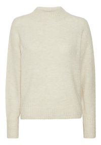 Maglione morbido di colore crema, con colletto alto tipo collo alto, maniche lunghe e polsini e orlo a costine. Design semplice e senza cuciture.
