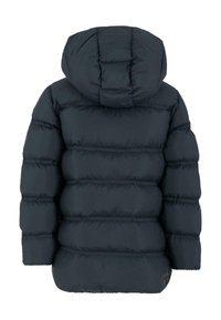 Giacca puffer blu scuro con cappuccio, caratterizzata da sezioni trapuntate, una texture liscia e polsini elasticizzati. La vista posteriore mostra il design isolato.