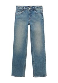 Light blue denim jeans with a straight-leg design, five pockets, subtle fading, and a classic button closure at the waist.