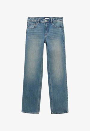 Svetlo modré džínsy s rovnými nohavicami, piatimi vreckami, jemným vyblednutím a klasickým gombíkovým zapínaním v páse.