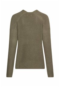 Olivengrøn sweater med lange ærmer, ribbet hals- og ærmekanter, som har et struktureret strikmønster og raglanærmer for ekstra komfort.