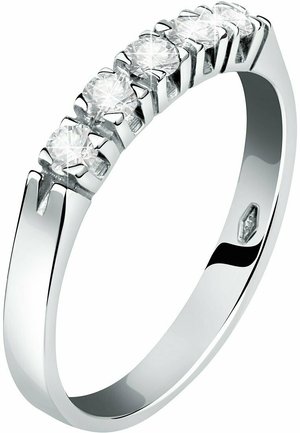 Silberfarbener Ring mit einer Reihe von sechs runden, klaren Edelsteinen, die in Krappen gefasst sind, einem polierten, glatten Band und dezenten geometrischen Details.