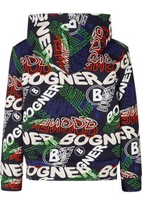 Sudadera con capucha de fondo azul marino que presenta un vibrante texto de logotipo en blanco, verde, rojo y azul en varias orientaciones y tamaños. Tela suave.