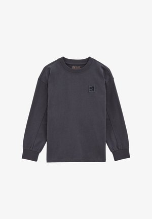 Tamnosiva majica dugih rukava s okruglim izrezom, rebrastim manšetama i malim kvadratnim logotipom na lijevoj strani prsa.