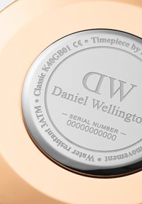 Rund klocka i polerat silver med ingraverad text, mot en bakgrund av roséguld; inkluderar serienummer och information om vattentålighet.