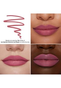 Lip Injection Extreme Lip Shaper in "I Do" op drie modellen; tinten omvatten zacht matte roze. Verschillende lipvormen en huidtinten worden weergegeven.
