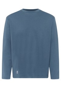Langarm-Shirt mit Rundhalsausschnitt in sanftem Blau, aus weichem Stoff mit glatter Textur. Verfügt über ein kleines Markenetikett am Saum.