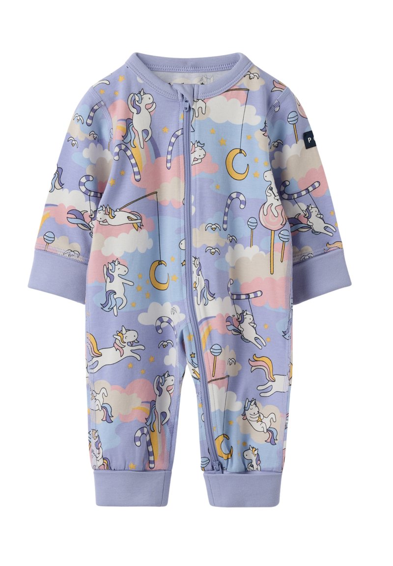 Violetti haalari, jossa on yksisarvinen kuvio pilvillä, tähdillä ja karkkitangoilla. Valmistettu pehmeästä kankaasta, jossa on edessä vetoketju ja pitkät hihat.