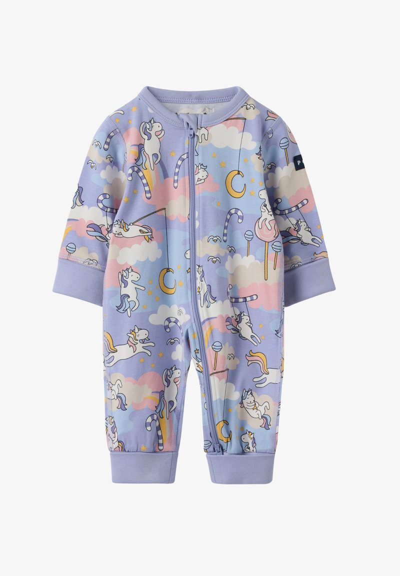 Paarse romper met een eenhoornpatroon, inclusief wolken, sterren en zuurstokken. Gemaakt van zachte stof met een rits aan de voorkant en lange mouwen.