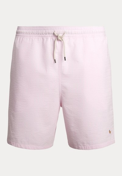 Šviesiai rožiniai maudymosi šortai su tekstūruotu raštu, elastingu juosmeniu ir raiščiu. Ant šono yra nedidelis siuvinėtas logotipas.