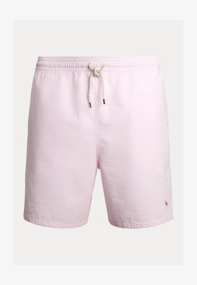 Gaiši rozā peldbikses ar teksturētu rakstu, elastīgu jostu un savilcēju aizdari. Uz sāna ir neliels izšūts logo.