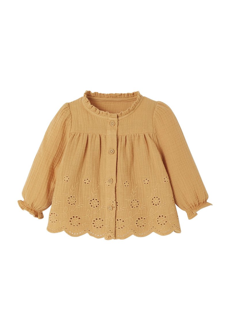 Long-sleeve, mustard yellow blouse with ruffled collar, button front, and embroidered floral pattern along the hem. Textured fabric.