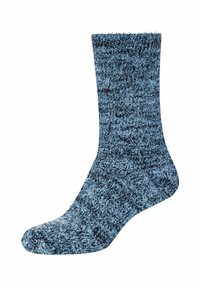 Calzini blu mélange con una superficie morbida e texturizzata, che arrivano a metà polpaccio, caratterizzati da un bordo a costine. Ideali per caldo e comfort.
