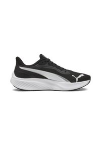 Schwarzer Sportschuh mit Mesh-Obermaterial und weißer Zwischensohle. Verfügt über dezente graue Akzente und eine strukturierten Sohle für besseren Halt. Die Schnürsenkel sorgen für einen sicheren Sitz.