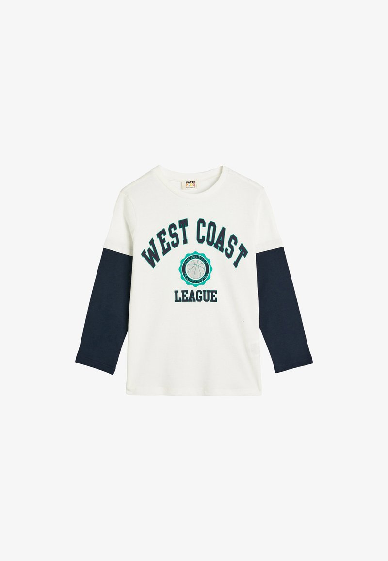 White long-sleeve t-shirt with navy sleeves, featuring green "WEST COAST LEAGUE" text and a basketball graphic in the center.