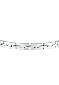 Bracciale in argento con maglie rettangolari intrecciate, finitura lucida, dotato di un gancio contrassegnato "Morellato" per una chiusura sicura.