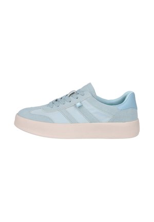 Zapatilla deportiva azul clara con cierre de cordones en la parte delantera, paneles de ante y material liso, y suela gruesa de color blanco hueso, mostrada de lado sobre un fondo blanco.