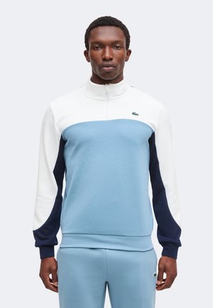 Man draagt een blauw-wit-navy kwart-ritssluiting sweatshirts en bijpassende lichtblauwe broek, staand met armen ontspannen langs de zijkanten.