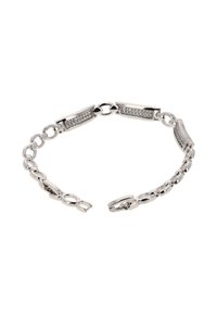 Silberne Armbandkette mit rechteckigen Gliedern, die kleine eingearbeitete klare Kristalle aufweist, mit einer offenen Schließe und ovalen Verbindungsgliedern auf einem weißen Hintergrund.
