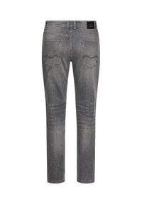 Grijze vervaagde denim jeans weergegeven van achteren met twee achterzakken, riemlussen en een klein zwart merklabel op de tailleband.