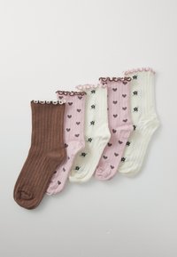 Fünf gerippte Socken in Braun, Pink mit Herzen und Creme mit kleinen Blumen, alle mit Rüschensaum, nebeneinander auf weißem Hintergrund angeordnet.