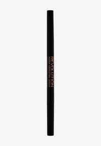 Eyeliner noir en stylo avec une finition mate. Présente un texte doré indiquant "MAKEUP REVOLUTION LONDON" et le nom du produit. Pointe lisse et fine.