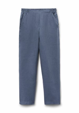 Blaue elastische Bundhose mit Seitentaschen, geradem Bein und leichtem Material, geeignet für den Freizeitgebrauch.