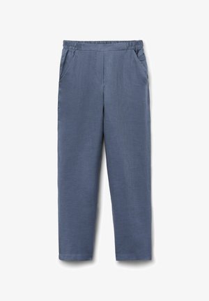 Niebieskie spodnie z elastycznym pasem, kieszeniami bocznymi, prostymi nogawkami i lekkim materiałem, odpowiednie do noszenia na co dzień.