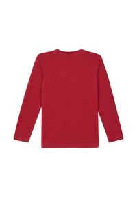 Rode T-shirt met lange mouwen, gemaakt van katoen, heeft een ronde hals en een effen kleur, zonder patronen of versieringen.
