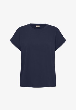 Navy plava majica kratkih rukava s uvrnutim rubovima i okruglim izrezom, prikazana na običnoj bijeloj pozadini.