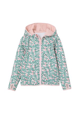 Girls' hooded zip-up jacket with pink lining, green leaf and pink floral print, and thumb holes on long sleeves.