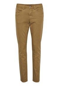 Bruna raka byxor i lätt material med fem fickor, en metallknapp och en mjuk struktur.