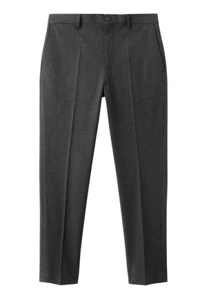 Grijze, op maat gemaakte broek van geweven stof met een platte voorkant, twee zijzakken en een slank taps toelopend model.