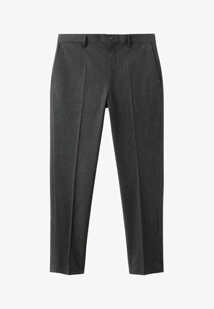 Grijze, op maat gemaakte broek van geweven stof met een platte voorkant, twee zijzakken en een slank taps toelopend model.