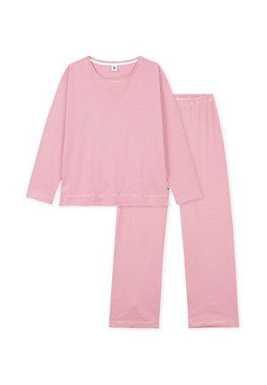 Top a maniche lunghe rosa e bianco a righe con pantaloni abbinati con vita elastica, stesi su uno sfondo bianco.