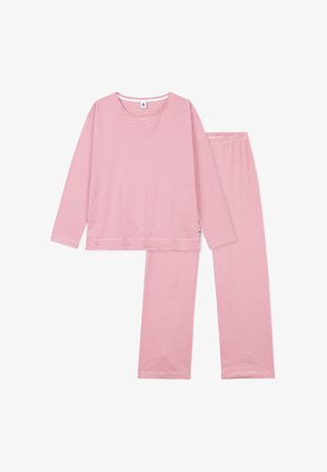 Langärmliges pink-weiß gestreiftes Oberteil mit passenden elastischen Bundhosen, flach auf weißem Hintergrund gelegt.