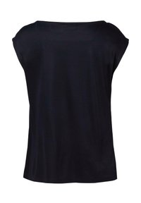 Top nero a maniche corte realizzato in tessuto liscio con vestibilità ampia e rilassata. Presenta una scollatura rotonda e un orlo dritto all'altezza della vita.