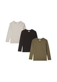 Tre camicie a manica lunga in grigio, nero e verde oliva. Tessuto in cotone con scollatura a girocollo classica e texture morbida, caratterizzate da un design semplice.